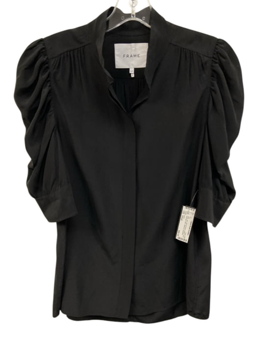 Frame Size Small Black Silk Half Puff Sleeve Button Front Standing Collar Top Black / Small