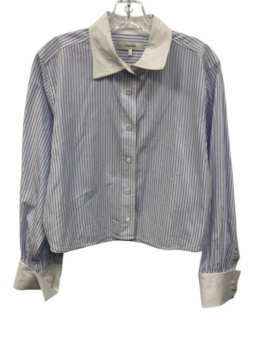 Frame Size Small White & Blue Cotton Long Sleeve Striped Button Front Top White & Blue / Small