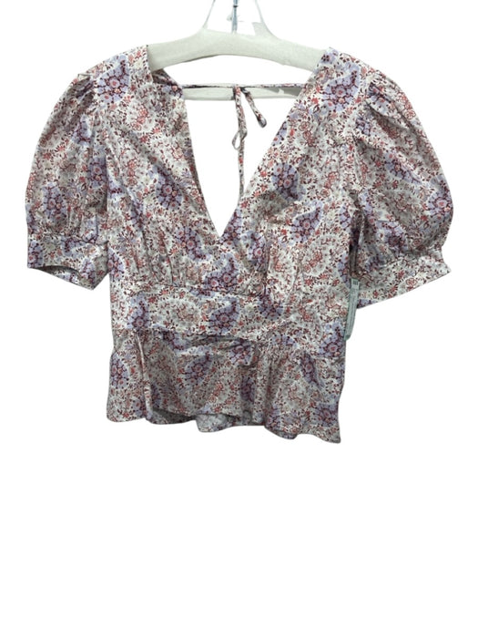J. Crew Size 6 Purple, red & cream Cotton Short Balloon Sleeve Floral V Neck Top Purple, red & cream / 6