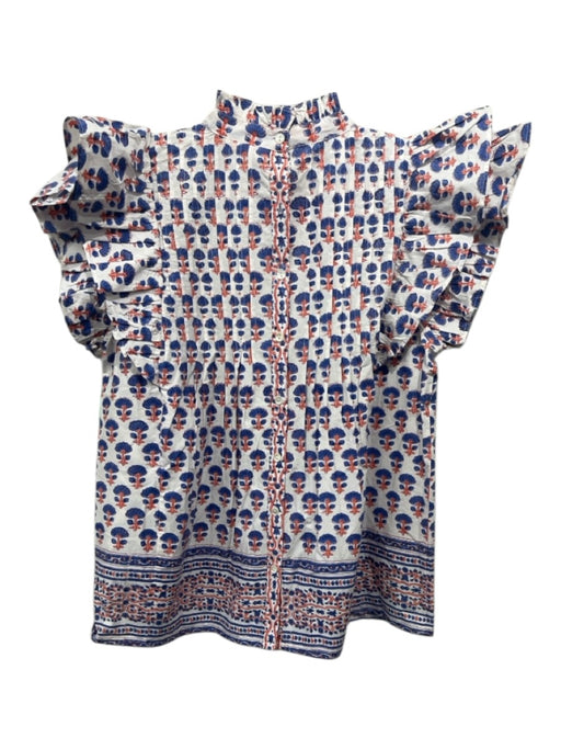 Oliphant Size M Blue, Orange & White Cotton Ruffle Cap Sleeve Floral Top Blue, Orange & White / M