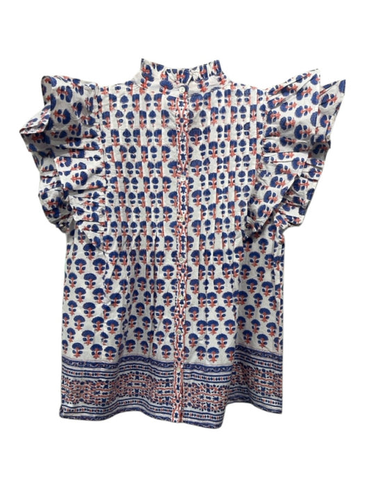 Oliphant Size M Blue, Orange & White Cotton Ruffle Cap Sleeve Floral Top Blue, Orange & White / M