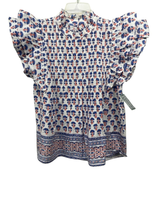 Oliphant Size M Blue, Orange & White Cotton Ruffle Cap Sleeve Floral Top Blue, Orange & White / M