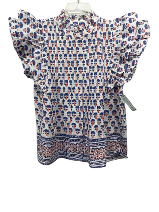 Oliphant Size M Blue, Orange & White Cotton Ruffle Cap Sleeve Floral Top Blue, Orange & White / M