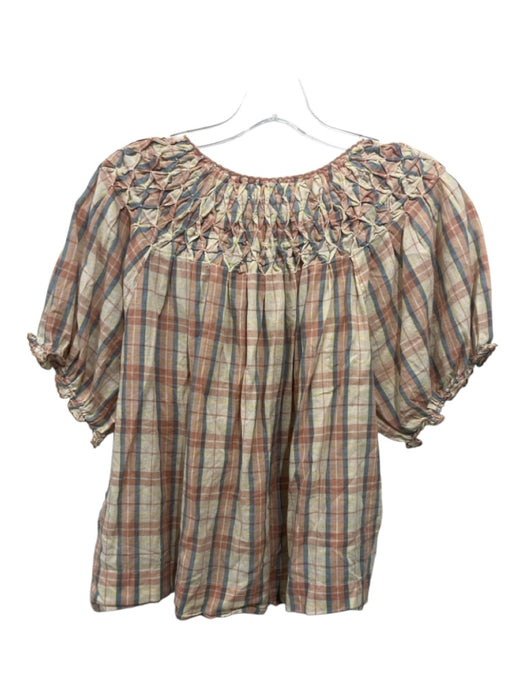 The Great Size 2 Tan, Blue & Multi Cotton Short Balloon Sleeve Button Detail Top Tan, Blue & Multi / 2