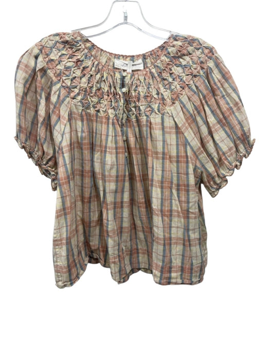 The Great Size 2 Tan, Blue & Multi Cotton Short Balloon Sleeve Button Detail Top Tan, Blue & Multi / 2