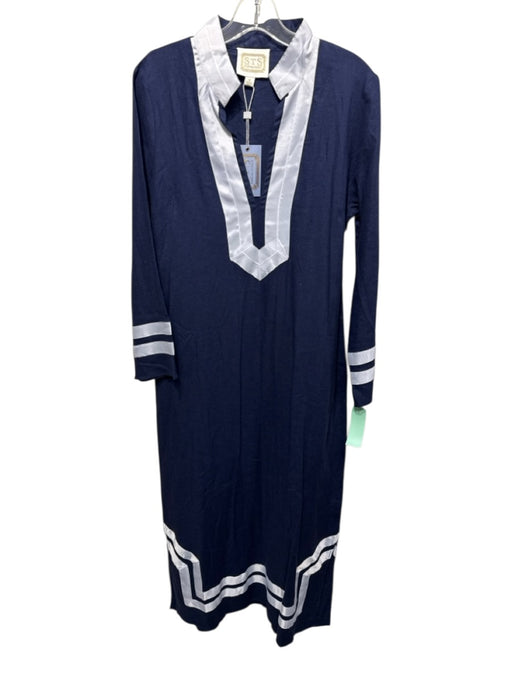 Sail To Sable Size M Navy Linen Blend V Neck Long Sleeve Maxi Leg Slit Dress Navy / M
