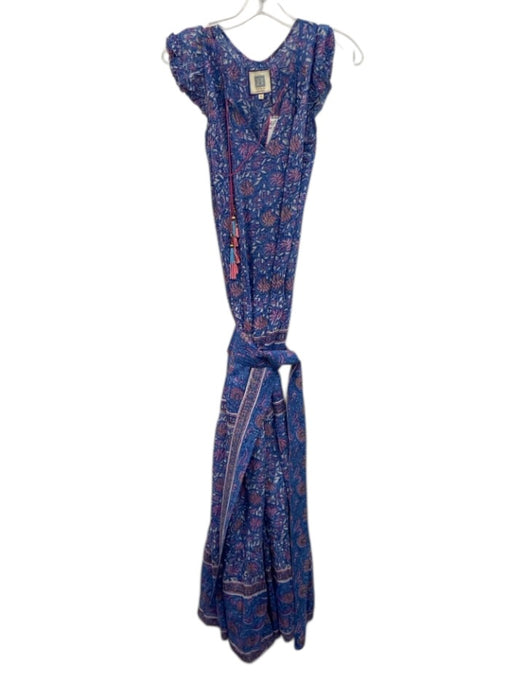 Bell Size M Blue & Purple Silk Blend V Neck Keyhole Neck Printed Maxi Dress Blue & Purple / M