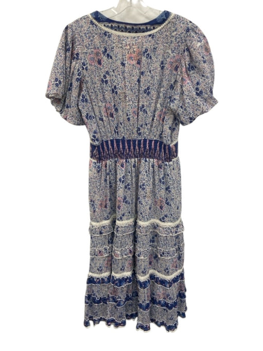 Bell Size M Blue & Multi Cotton Blend V Neck Tassels Printed Midi Dress Blue & Multi / M