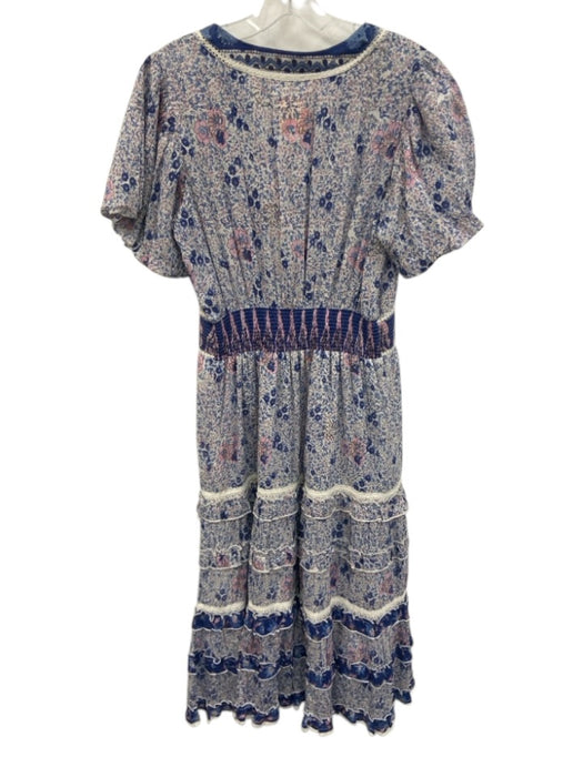 Bell Size M Blue & Multi Cotton Blend V Neck Tassels Printed Midi Dress Blue & Multi / M