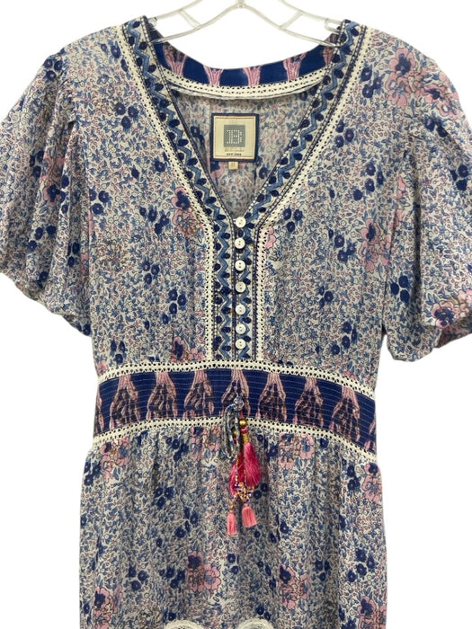 Bell Size M Blue & Multi Cotton Blend V Neck Tassels Printed Midi Dress Blue & Multi / M