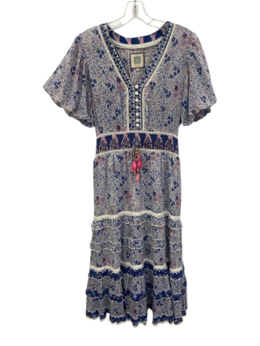 Bell Size M Blue & Multi Cotton Blend V Neck Tassels Printed Midi Dress Blue & Multi / M