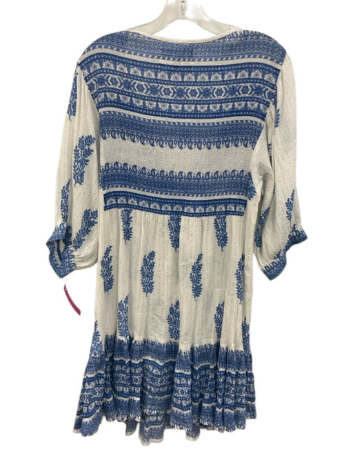Daughters of India Size M White & Blue Cotton Blend V Neck Printed Dress White & Blue / M