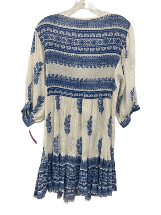 Daughters of India Size M White & Blue Cotton Blend V Neck Printed Dress White & Blue / M