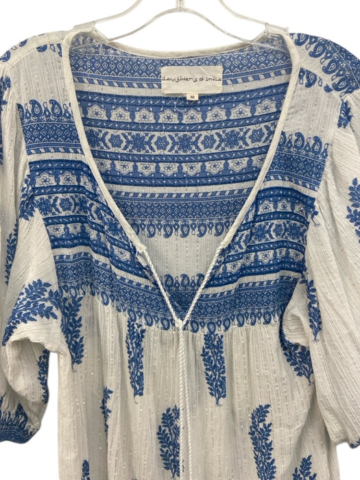 Daughters of India Size M White & Blue Cotton Blend V Neck Printed Dress White & Blue / M