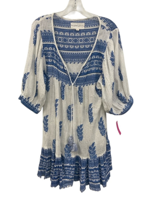 Daughters of India Size M White & Blue Cotton Blend V Neck Printed Dress White & Blue / M