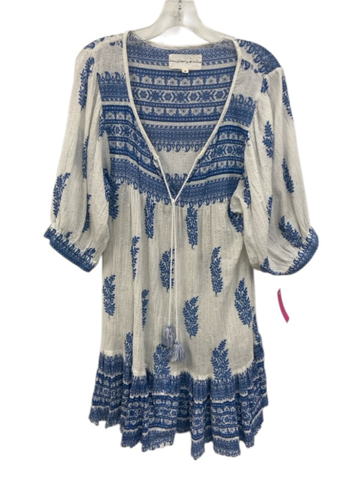 Daughters of India Size M White & Blue Cotton Blend V Neck Printed Dress White & Blue / M