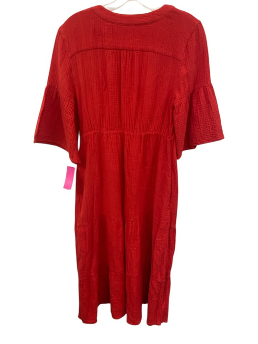 Saks Fifth Ave Size M Red Cotton V Neck Button Front 1/2 sleeve Maxi Dress Red / M