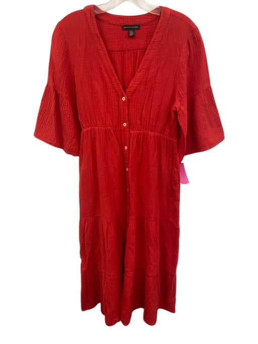 Saks Fifth Ave Size M Red Cotton V Neck Button Front 1/2 sleeve Maxi Dress Red / M