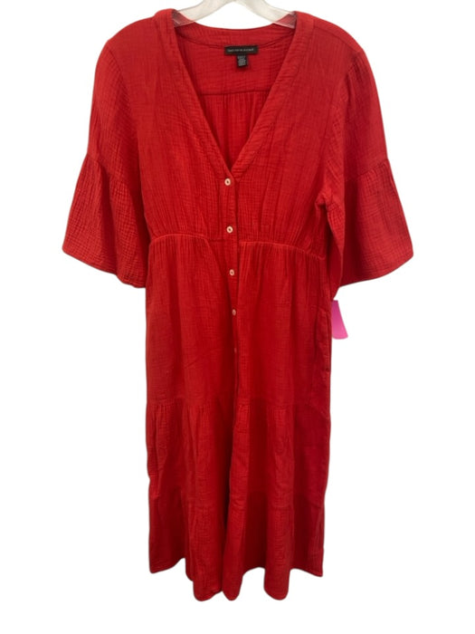 Saks Fifth Ave Size M Red Cotton V Neck Button Front 1/2 sleeve Maxi Dress Red / M