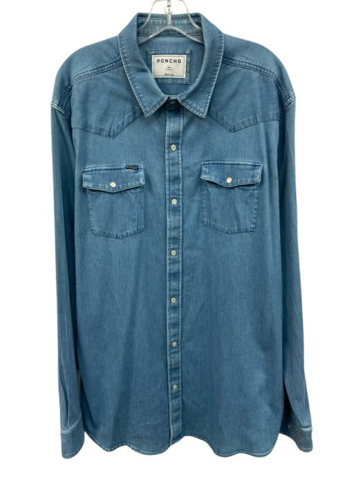 Poncho Size XXL Light Wash Cotton Blend Solid Button Up Denim Long Sleeve Shirt Light Wash / XXL