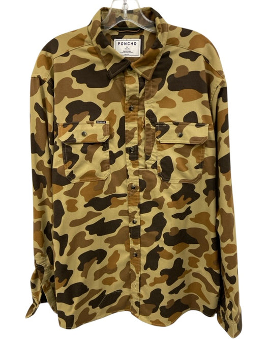 Poncho Size XL Green & Beige Print Cotton Blend Camo Button Up Long Sleeve Shirt Green & Beige Print / XL