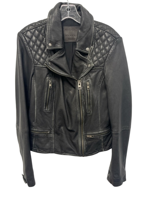 ALLSAINTS Size 10 Dark Gray Sheep Leather Zip Front Quilted Pockets Moto Jacket Dark Gray / 10