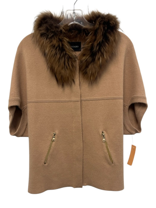 Dolce Cabo Size S/M Tan & Brown Viscose Blend Cap Sleeve Raccoon Trim Jacket Tan & Brown / S/M