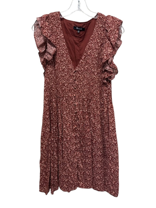 Madewell Size XXS Brick Red Cotton Blend Pintuck Floral Flutter Cap Sleeve Dress Brick Red / XXS