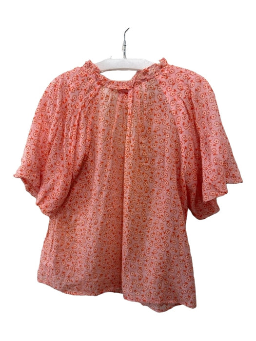 Banjanan Size Medium Pink & Orange Cotton Short Sleeve Floral Split Neck Top Pink & Orange / Medium