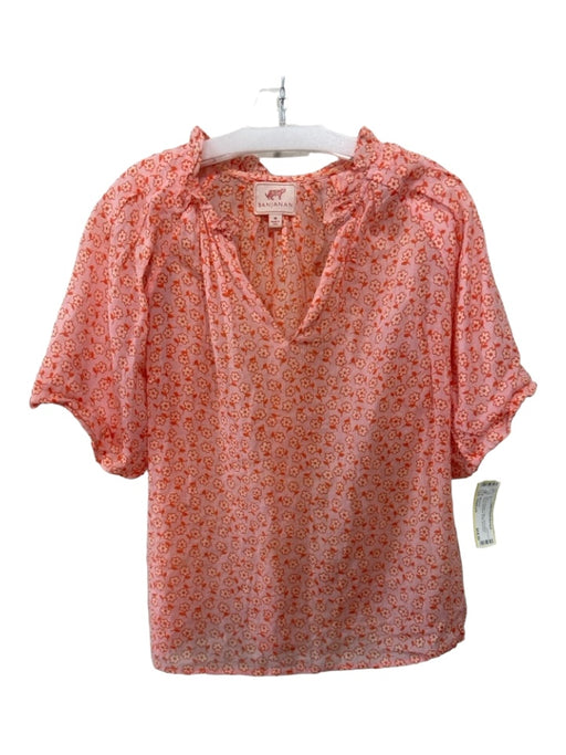 Banjanan Size Medium Pink & Orange Cotton Short Sleeve Floral Split Neck Top Pink & Orange / Medium