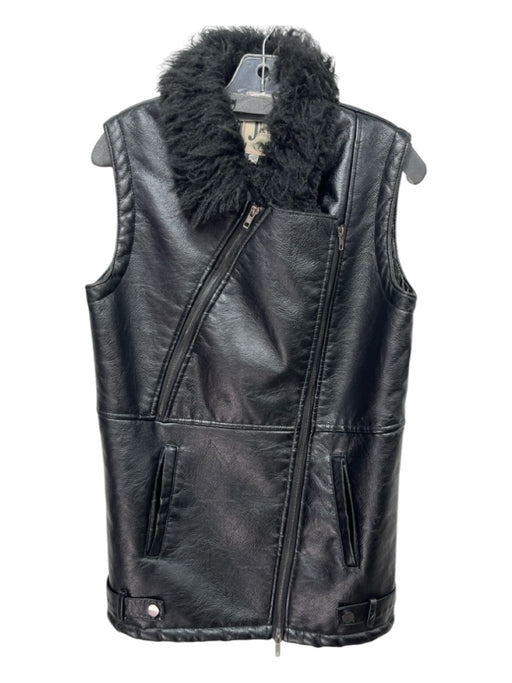 Jkt Size Small Black Vegan Leather Sheen Shearling Zip Detail Biker Vest Black / Small