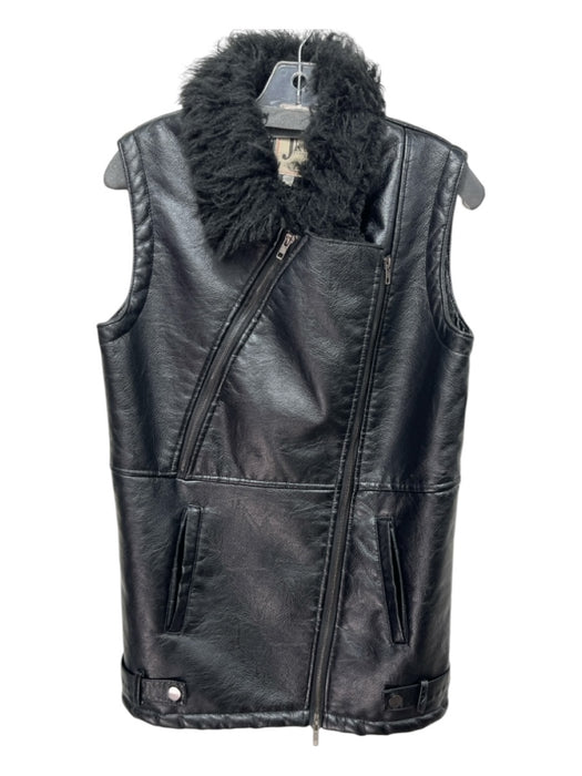 Jkt Size Small Black Vegan Leather Sheen Shearling Zip Detail Biker Vest Black / Small