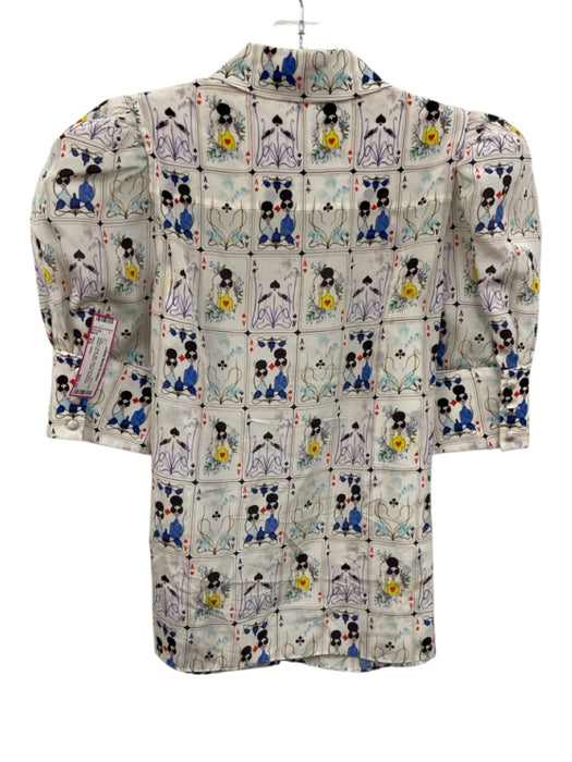 Alice + Olivia Size XS White & Multi Silk Short Puff Sleeve Button Up Cards Top White & Multi / XS