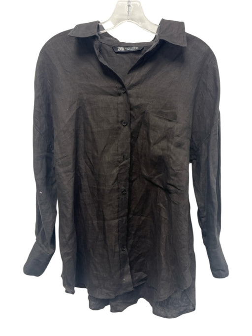 Zara Size S Black Linen Long Sleeve Button Up & Collar Top Black / S