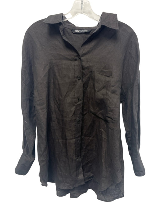 Zara Size S Black Linen Long Sleeve Button Up & Collar Top Black / S