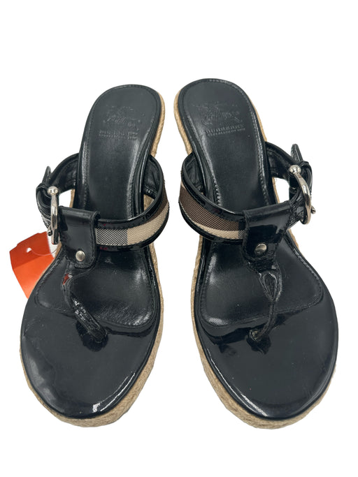 Burberry Shoe Size 39 Black & Tan Patent Leather Jute Nova Check Wedge Wedges Black & Tan / 39
