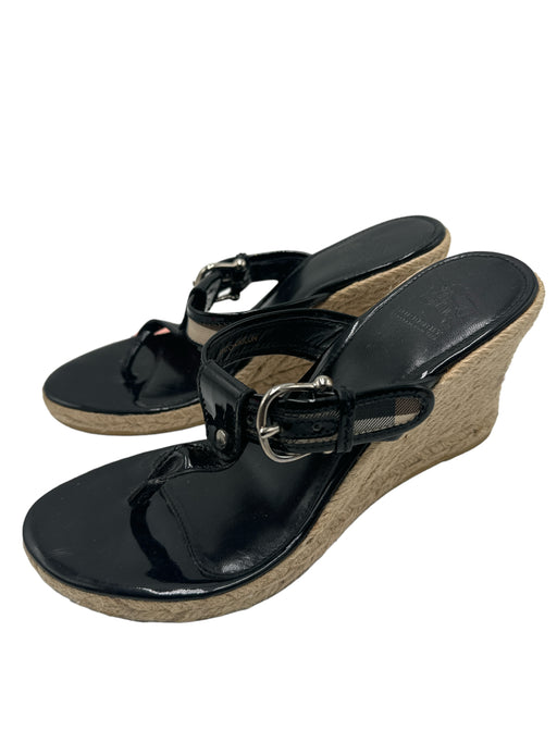 Burberry Shoe Size 39 Black & Tan Patent Leather Jute Nova Check Wedge Wedges Black & Tan / 39