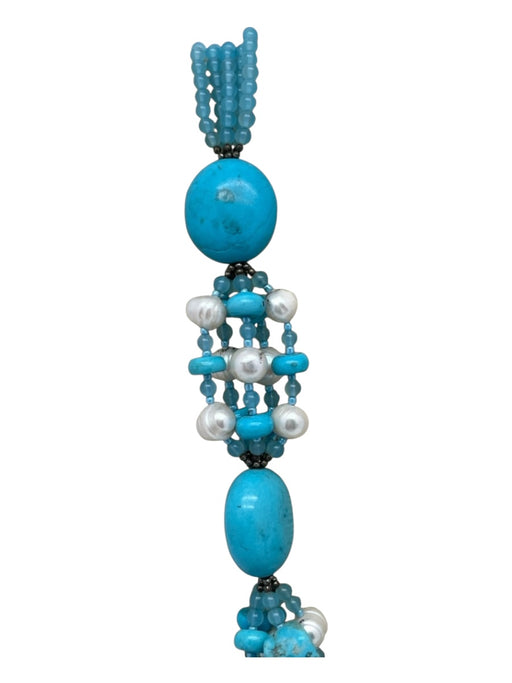 Blue & White Turquoise Pearls Multi Strand Hook clasp Chunky Necklace Blue & White