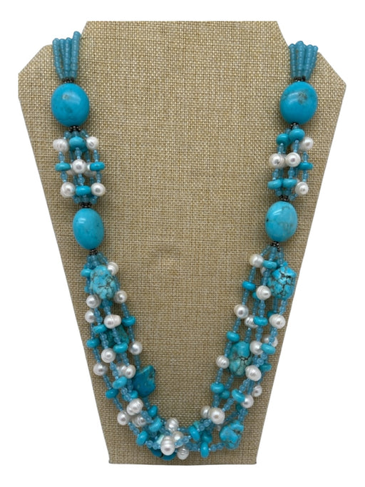 Blue & White Turquoise Pearls Multi Strand Hook clasp Chunky Necklace Blue & White
