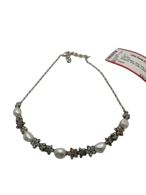 Brighton Silver Tone Pearl Rhinestone Floral Collar Lobster Clasp Necklace Silver Tone