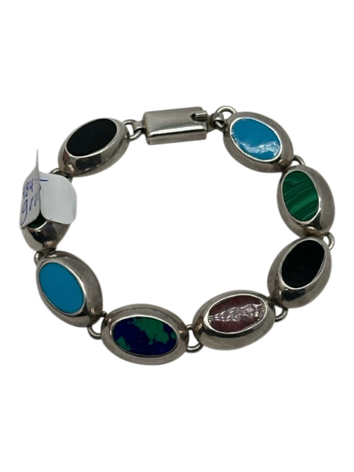 Silver & Multi Metal silver tone hardware Ovals Faux Stones Latch Clasp Bracelet Silver & Multi