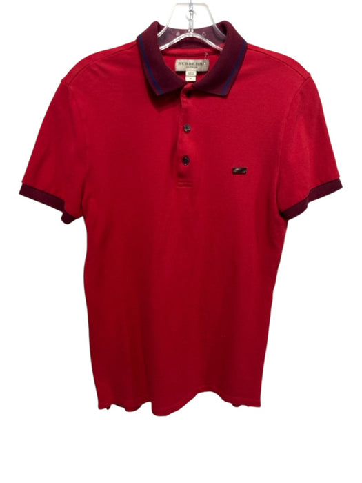 Burberry London Size M Red Cotton Textured Short Sleeve Stripe Detail Polo Top Red / M