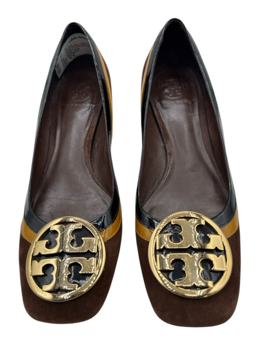 Tory Burch Shoe Size 8.5 Brown, Yellow & Black Suede & Leather Gold Logo Pumps Brown, Yellow & Black / 8.5
