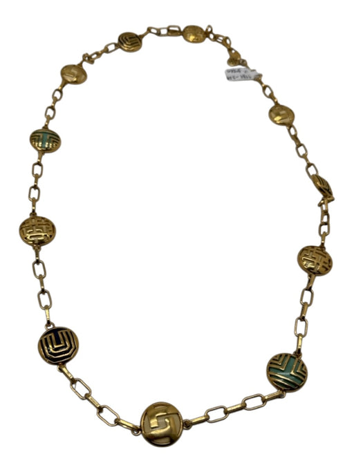 Tory Burch Gold Tone & Blue Enamel Circle Pendant Chain Lobster Clasp Necklace Gold Tone & Blue
