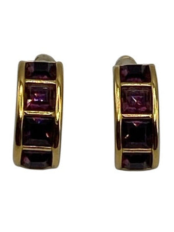 Swarovski Gold & Purple Gold Tone Metal Crystals Square Cut Open Hoop Earrings Gold & Purple