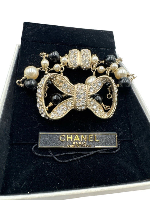 Chanel Gold, White & Black Gold Plated Faux Pearl Bow Rhinestone Bracelet Gold, White & Black