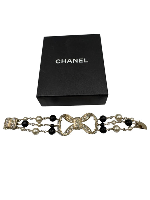 Chanel Gold, White & Black Gold Plated Faux Pearl Bow Rhinestone Bracelet Gold, White & Black