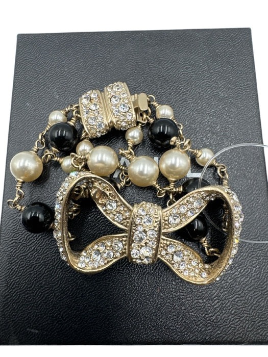 Chanel Gold, White & Black Gold Plated Faux Pearl Bow Rhinestone Bracelet Gold, White & Black