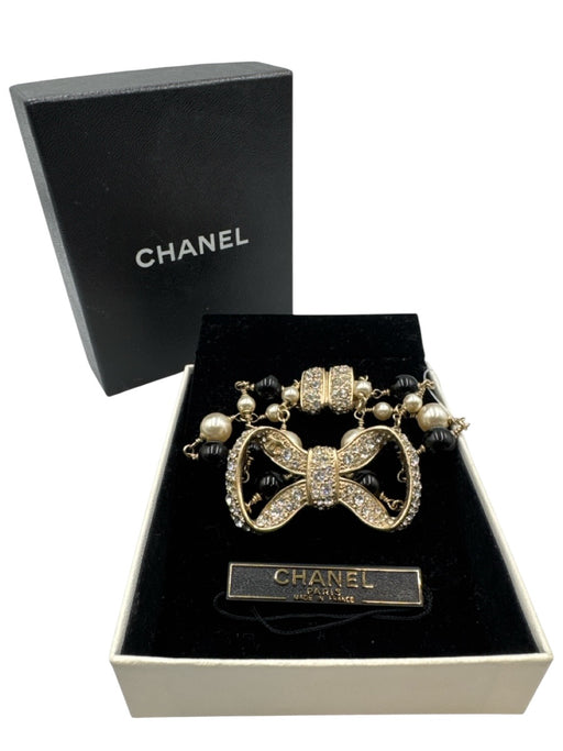 Chanel Gold, White & Black Gold Plated Faux Pearl Bow Rhinestone Bracelet Gold, White & Black