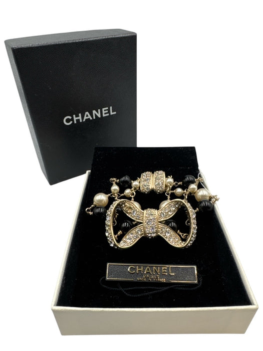Chanel Gold, White & Black Gold Plated Faux Pearl Bow Rhinestone Bracelet Gold, White & Black